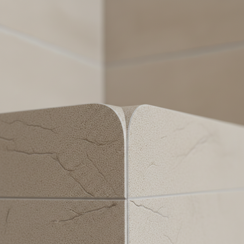 A close-in, detail-focused shot of a corner junction where two walls meet and Chowkin Decor peel-and-stick tiles transition seamlessly around a sharp edge. The tile design is a neutral sand-colored stone look with delicate granular texture and fine, recessed faux grout lines. The camera is positioned very close, with a shallow depth of field so the leading edge of the corner is in crisp focus while the tiles recede softly. Soft studio lighting from above and one side creates subtle, professional highlights along the corner and emphasizes the precision of the cut and alignment. Photographic realism, showcasing craftsmanship, material quality, and the refined finish achievable with instant-apply tiles.