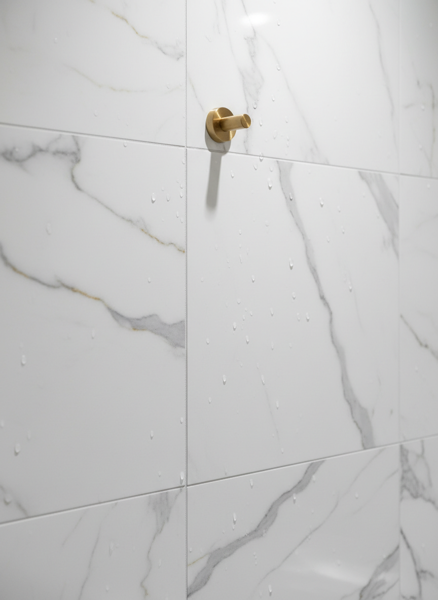 Marble-look peel-and-stick tiles on a bathroom wall