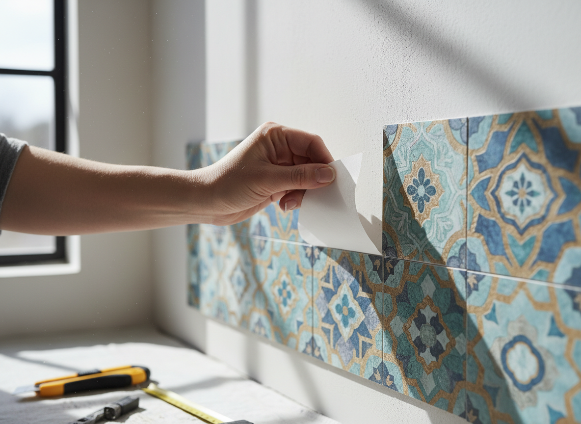 A hand applying a peel-and-stick tile to a wall