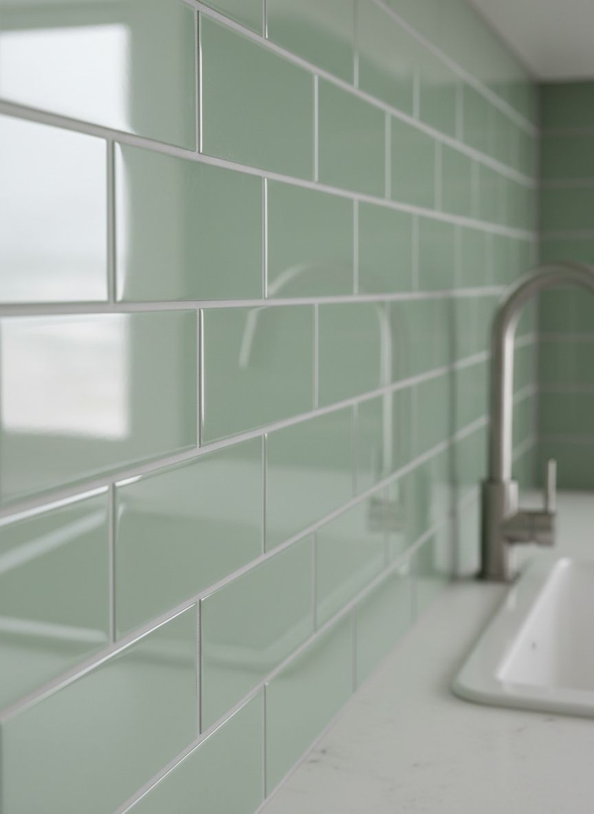 Sage green subway peel-and-stick tiles on a kitchen wall