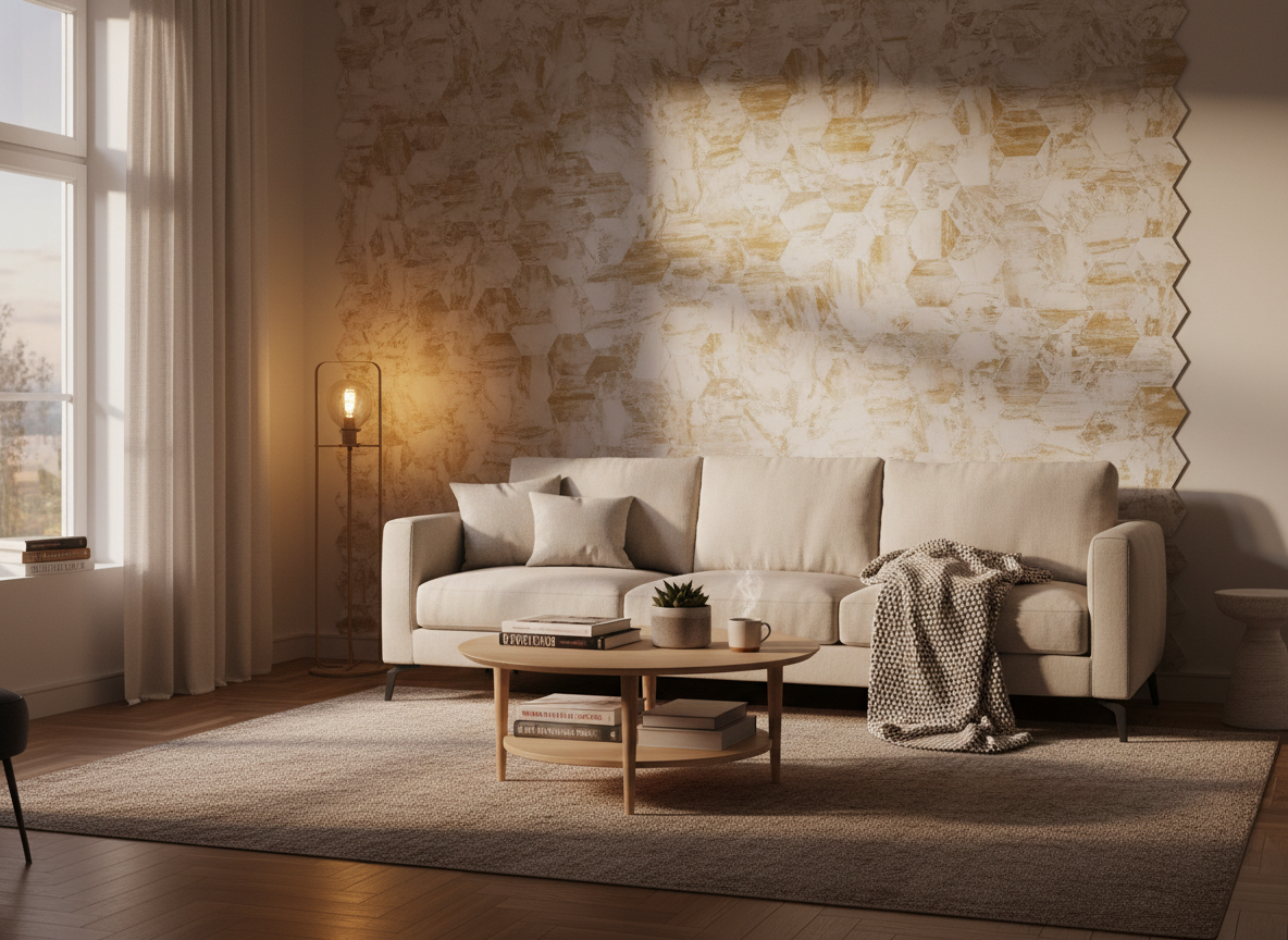 Cozy living space with a stylish peel-and-stick tile accent wall